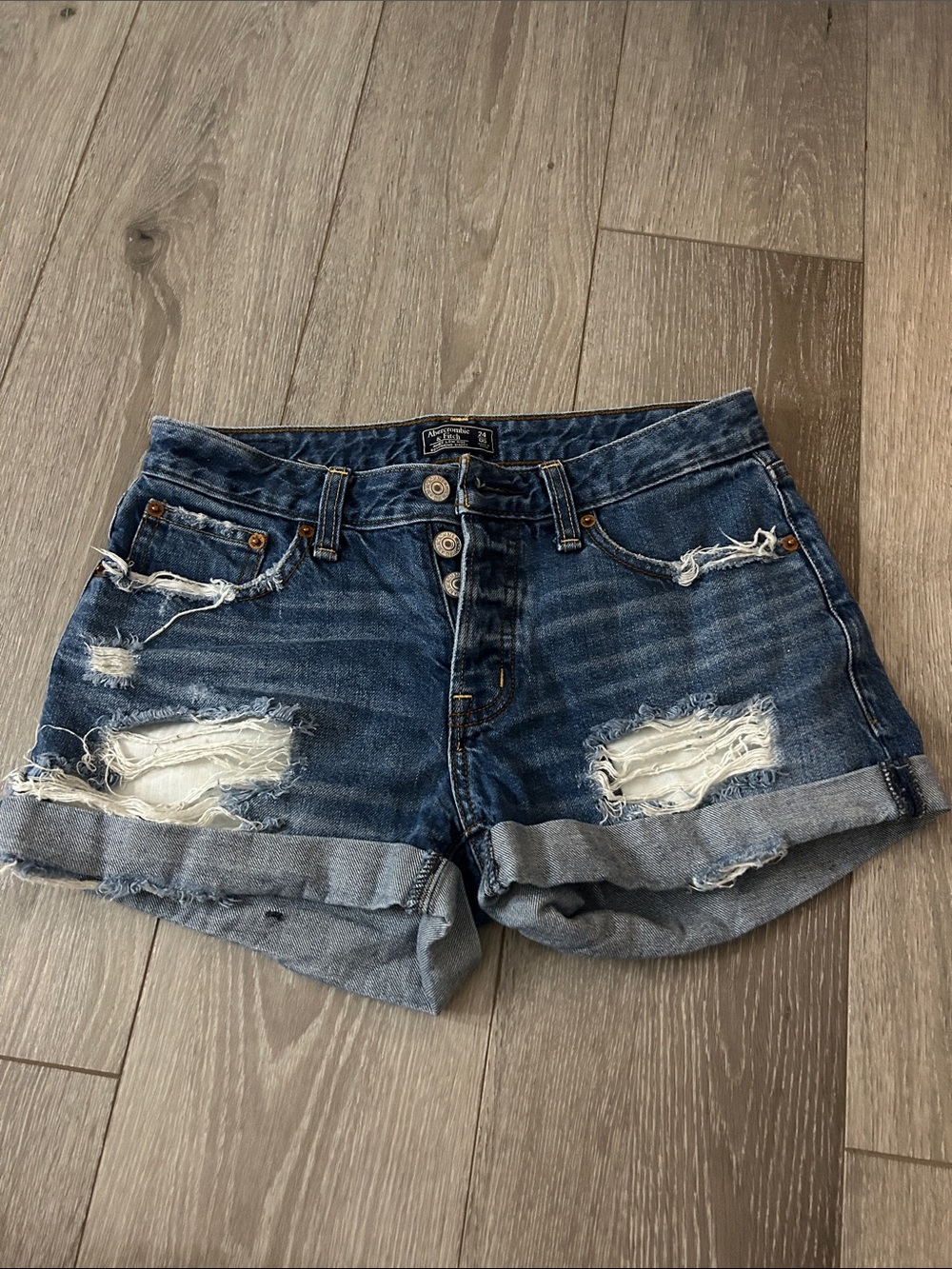 Abercrombie & Fitch Distressed Dark Blue Denim Roll-Cuff Shorts